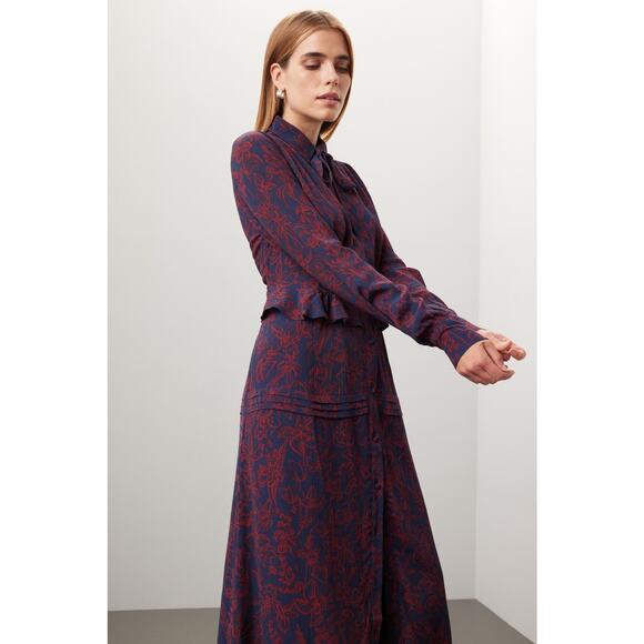 Jason Wu Navy Red Floral Print Tie Neck Long Sleeve Midi Shirt Dress Size 8 - Picture 2 of 16